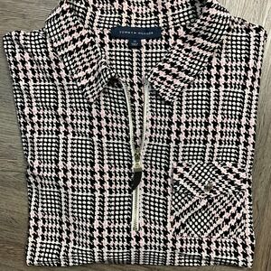 Tommy Hilfiger Houndstooth Plaid Top Womens 2XL Black Pink Quarter Zip Pullover